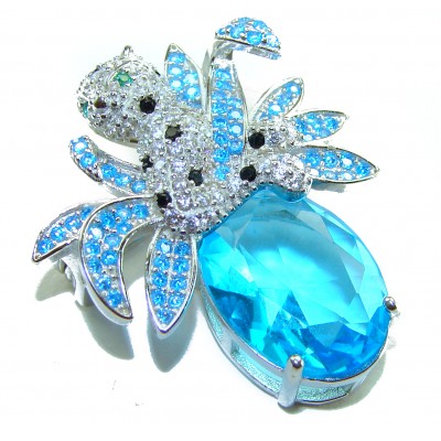 Blue Cheetah authentic 12.5 carat Swiss Blue Topaz .925 Sterling Silver Handcrafted pendant brooch