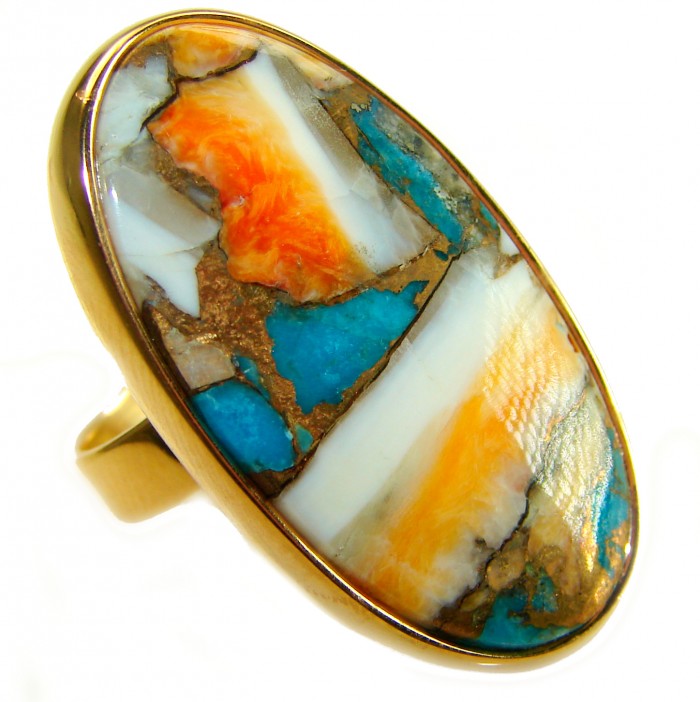 Rare 29.5 carat Oyster Turquoise 18K Gold over .925 Sterling Silver handcrafted Large ring; s. 6 adjustable