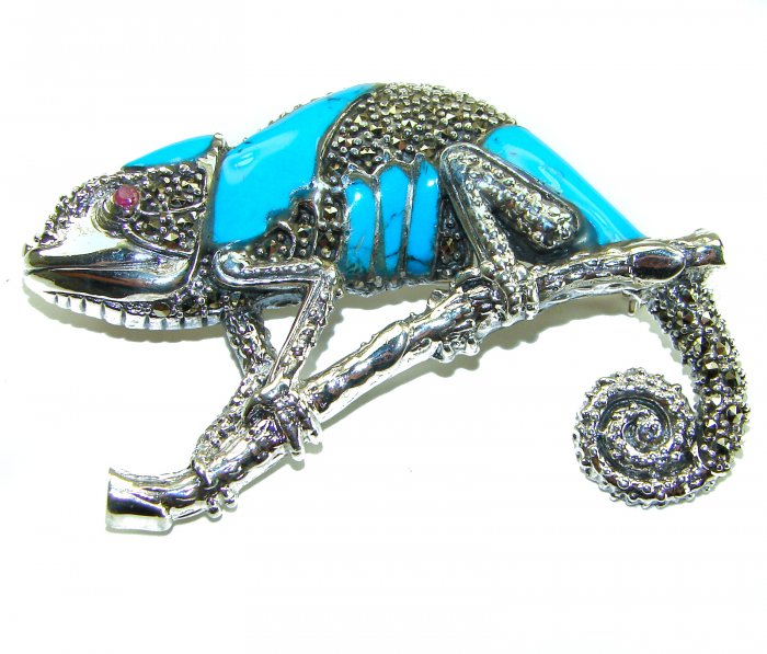 Spectacular Big Chameleon Lizard inlay Turquoise .925 Sterling Silver handmade Brooch - video