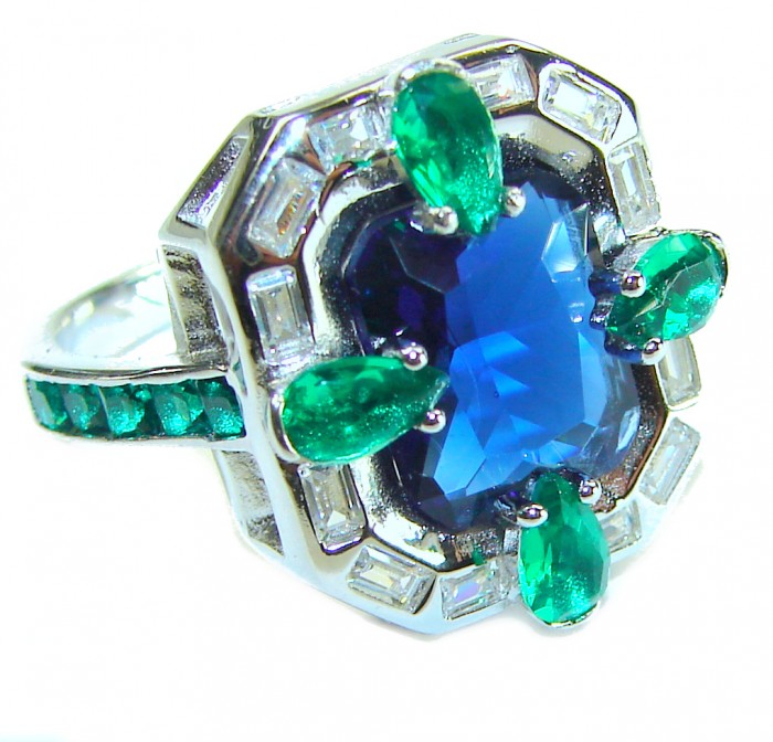 Art Deco 8.6 ctw Sapphire Emerald .925 Sterling Silver handcrafted Statement Ring size 8