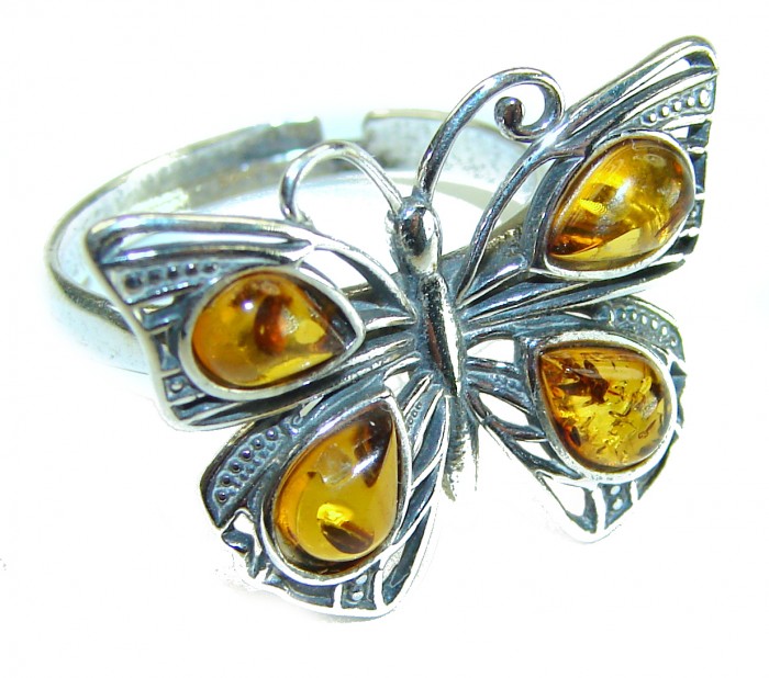 Butterfly Authentic Baltic Amber .925 Sterling Silver handcrafted ring; s. 8 adjustable
