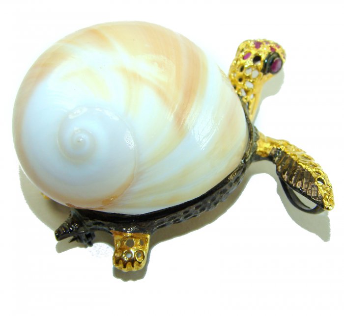 Good health and Long life Big Turtle Genuine Ocean Shell Ruby 14K Gold over .925 Sterling Silver handcrafted brooch - video