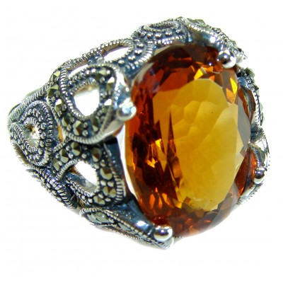Celestial Energy Natural 22.4 carat GOLDEN Topaz Marcasite .925 Sterling Silver handmade Large Statement Ring size 8