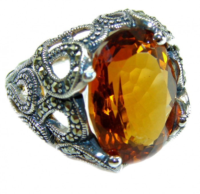 Celestial Energy Natural 22.4 carat GOLDEN Topaz Marcasite .925 Sterling Silver handmade Large Statement Ring size 8