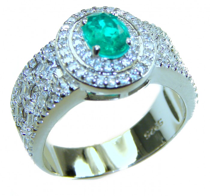 Pacific green - Vintage style - 2.1 carat Emerald .925 Sterling Silver handcrafted Statement Ring size 8