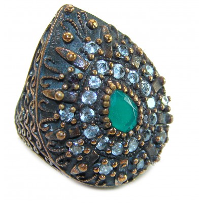 Victorian Style Emerald & White Topaz Copper over Sterling Silver ring; s. 5 1/2