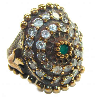 Victorian Style Emerald & White Topaz Copper over Sterling Silver ring; s. 6 1/2
