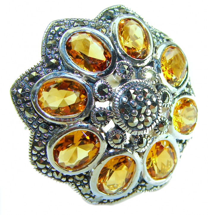 Golden Royalty 14.5 carat Citrine Marcasite .925 Sterling Silver Handcrafted Huge Ring size 9