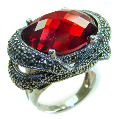 Bella Rosa Natural 28.4 carat Ruby Marcasite .925 Sterling Silver handmade Large Statement Ring size 7