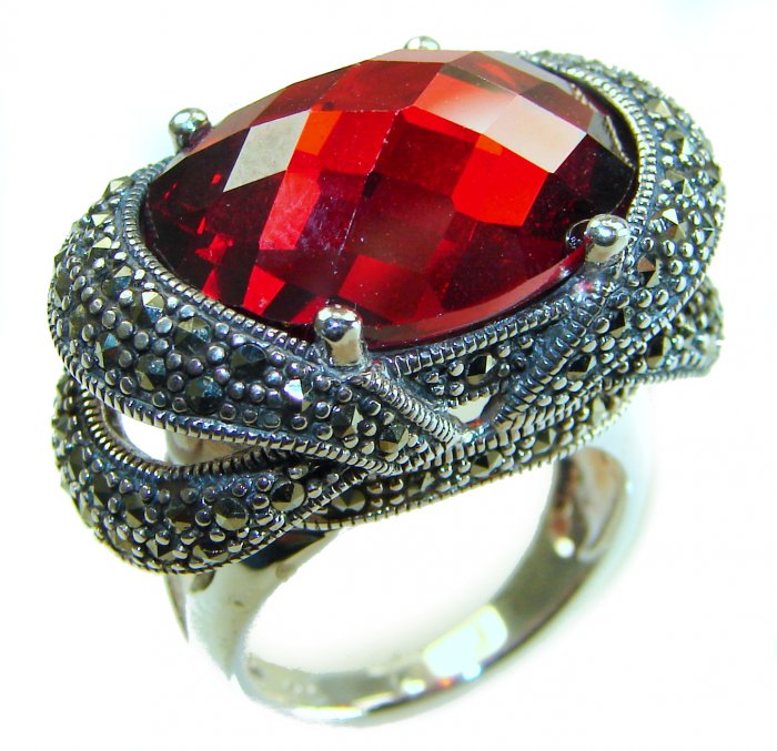 Bella Rosa Natural 28.4 carat Ruby Marcasite .925 Sterling Silver handmade Large Statement Ring size 7 - video