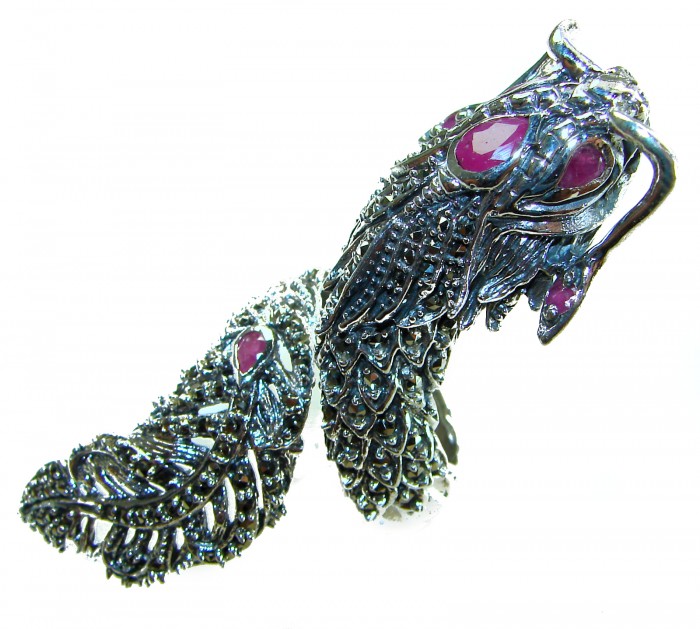 Massive Power - Oversized - Dragon 23.8 grams Marcasite Ruby . 925 Sterling Silver Ring s. 8