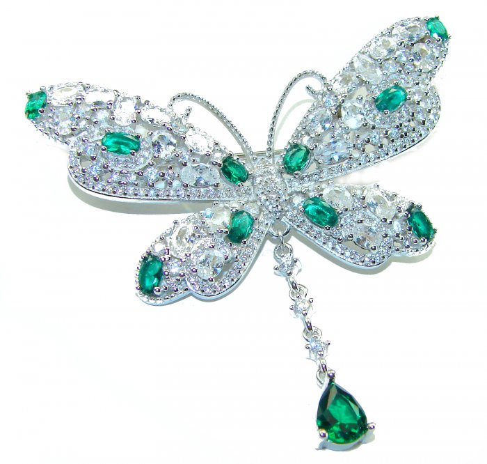 Vintage Design - Luxurious Butterfly - Genuine 22.2 carat Emerald 14k White Gold over .925 Sterling Silver handmade Pendant Brooch - video