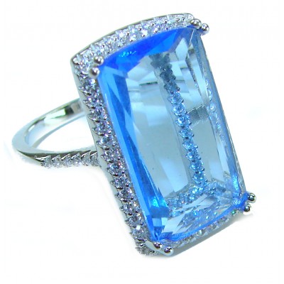 Blue Odyssey 12.5 carat authentic Swiss Blue Topaz .925 Sterling Silver handmade Statement Ring size 6