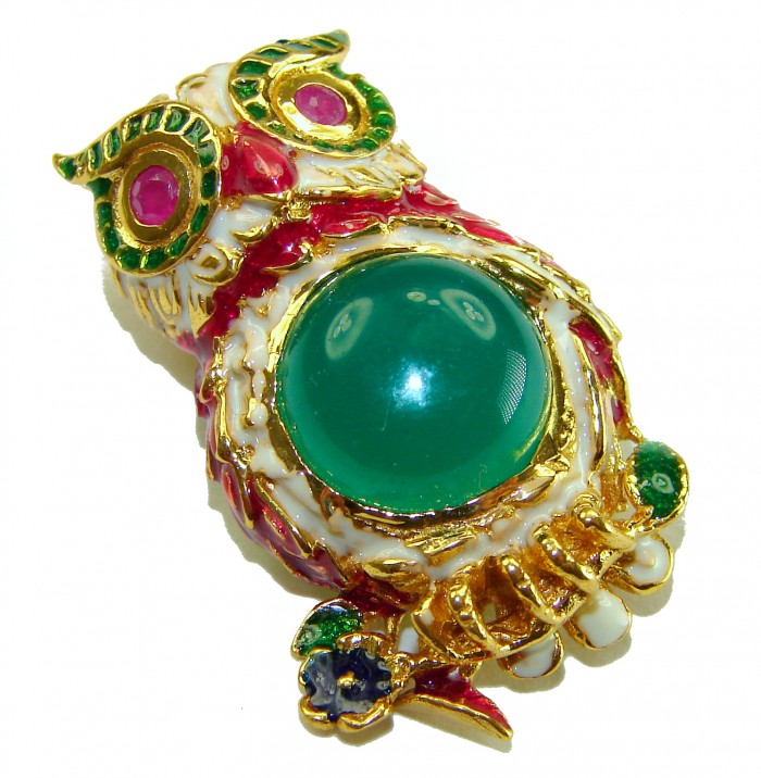 Wisdom and Unseen World - Owl- Genuine 10.5 carat Jade enamel .925 Sterling Silver dipped in 18k Gold handmade Pendant - Brooch