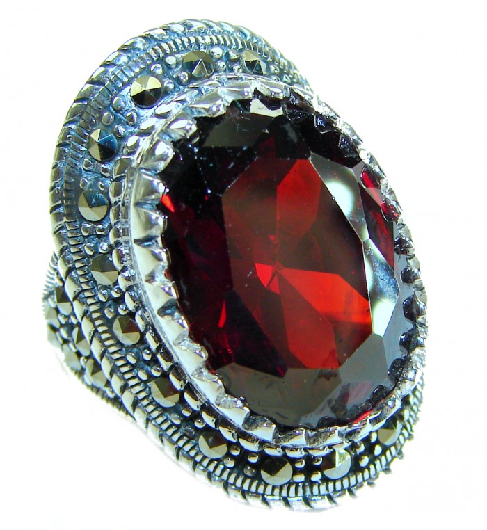Crimson Fire Natural 29.4 carat Garnet Marcasite .925 Sterling Silver handmade Large Statement Ring size 7