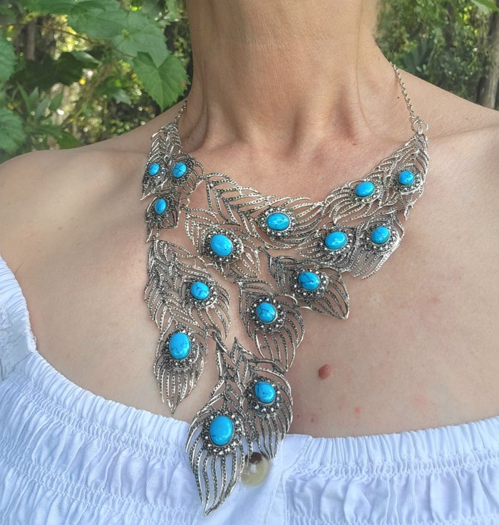 HUGE 104.7 grams Peacock Feather design genuine Turquoise .925 Sterling Silver handcrafted Necklace - video