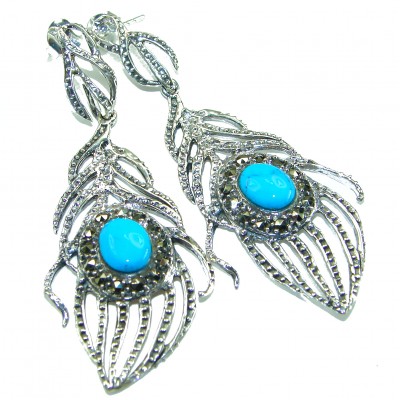 Great Peacocks Feathers authentic inlay Turquoise .925 Sterling Silver handcrafted Earrings