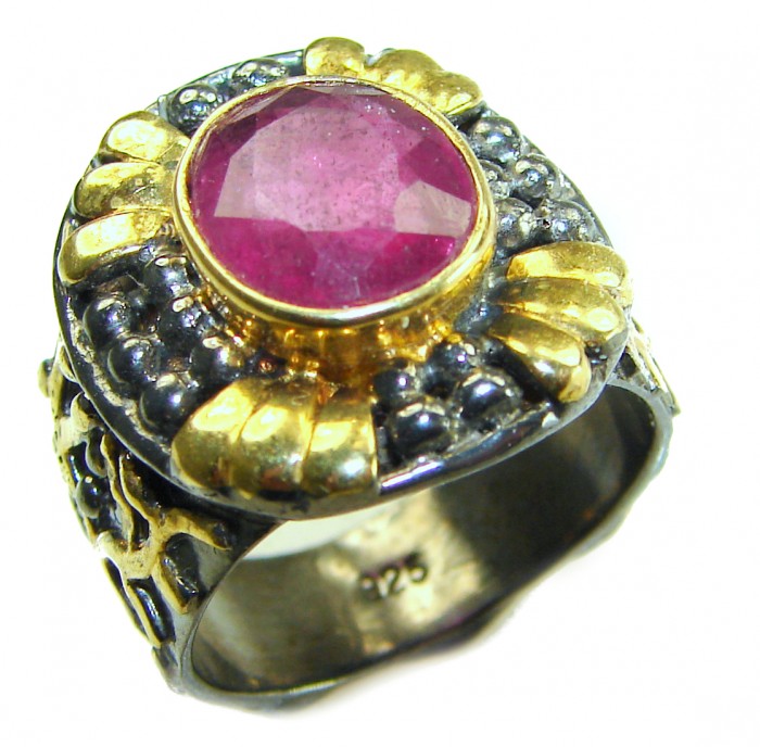 Tradition Authentic 7.3 carat Ruby 2 tones .925 Sterling Silver handmade Cocktail Ring s. 7