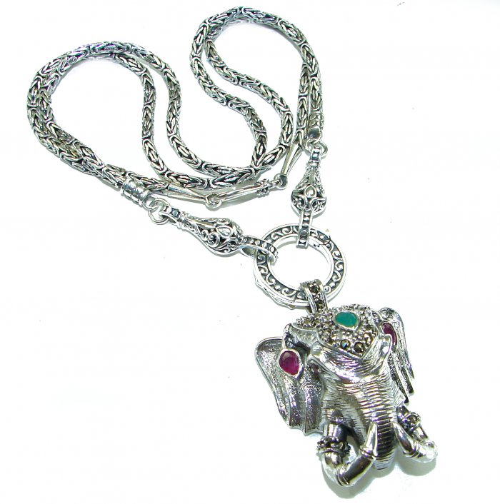 Luck and Prosperity HUGE 55.5 grams ELEPHANT genuine EMERALD .925 Sterling Silver handcrafted Necklace - video
