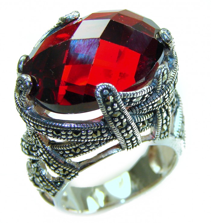 Bella Rosa Natural 28.4 carat Ruby Marcasite .925 Sterling Silver handmade Large Statement Ring size 7 3/4