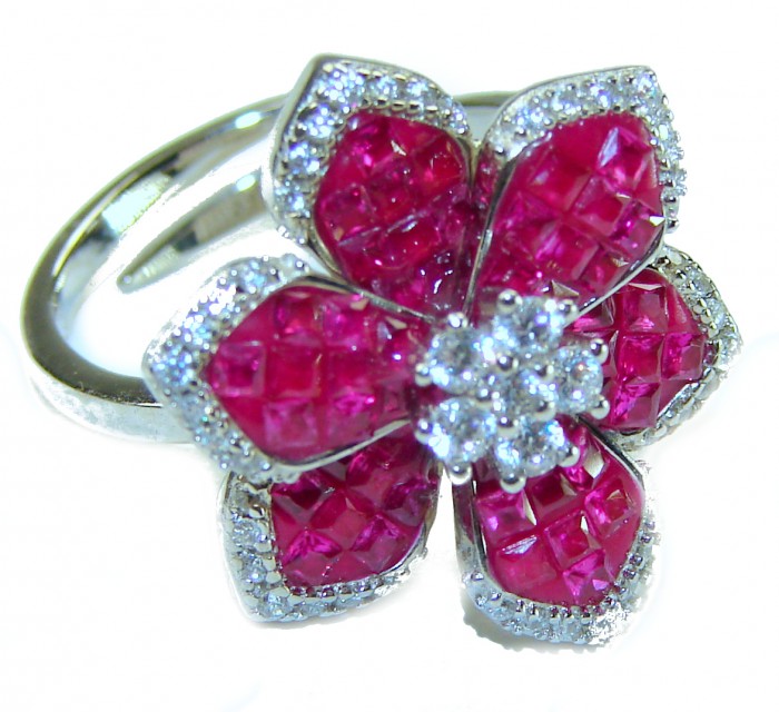 Luxurious Flower 12.5 carat natural Ruby .925 Sterling Silver handcrafted Ring size 7