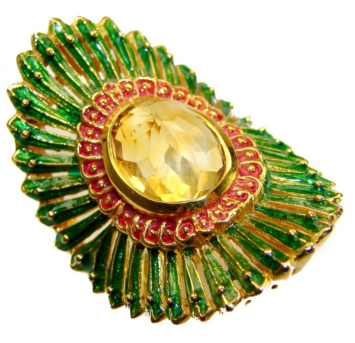 Paradise 10.5 carat Citrine green Enamel .925 Sterling Silver dipped in 18K Gold Handcrafted Huge Ring size 8 1/4 - video