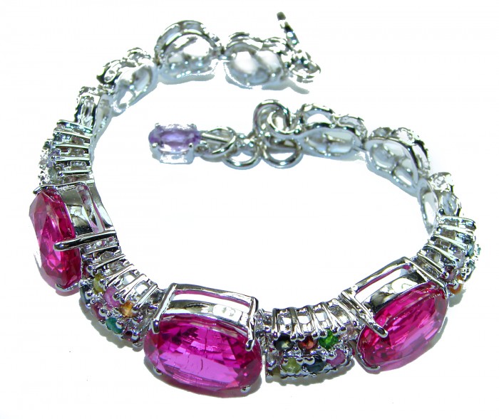 Tiffany - Unapologetically stunning Fuchsia Pink 125.5 carat Pink Sapphire RHODIUM OVER .925 Sterling Silver handcrafted Heavy Bracelet