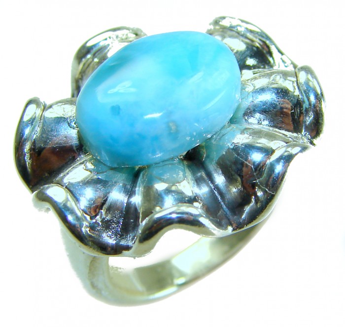 Blue Flower AAAA QUALITY Blue Larimar .925 Sterling Silver handmade Large ring size 7