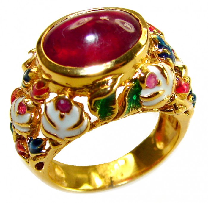 Divine Creation 10.5 carat Mozambique Ruby Enamel 18K Gold over .925 Sterling Silver handcrafted Ring s. 7