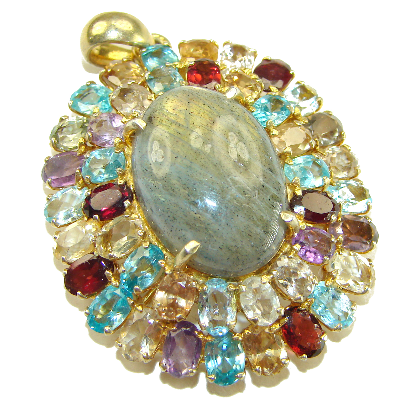 Labradorite Pendant 55.5ct Blue Oval 925 Sterling Silver 14K Gold Handcrafted