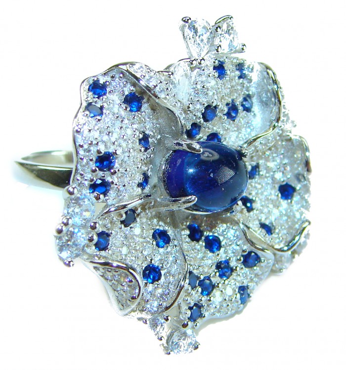 Exotic Flower - Authentic 7.5 carat Sapphire .925 Sterling Silver handcrafted Ring size 7 1/2