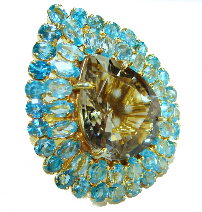 Celestial Power 49.5 carat Champagne Smoky Topaz 14K Gold over .925 Sterling Silver HUGE Ring size 7 1/4