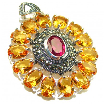 Vintage Design Genuine 22.5 carat precious Ruby Citrine .925 Sterling Silver handmade Pendant
