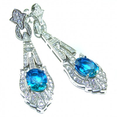 Art Deco 5.5 carat Swiss Blue Topaz .925 Sterling Silver Handcrafted Earrings