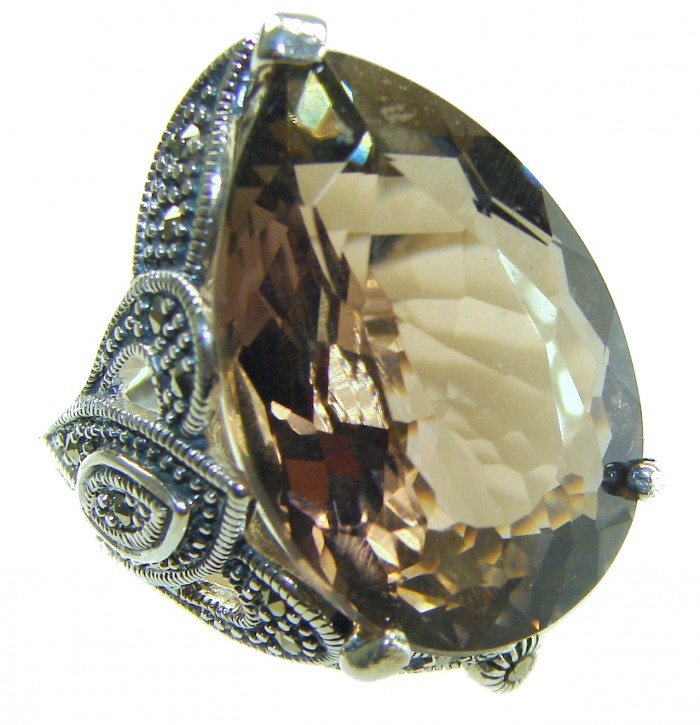 Rare Finding! Natural 28.4 carat Smoky Quartz Marcasite .925 Sterling Silver handmade Large Statement Ring size 8