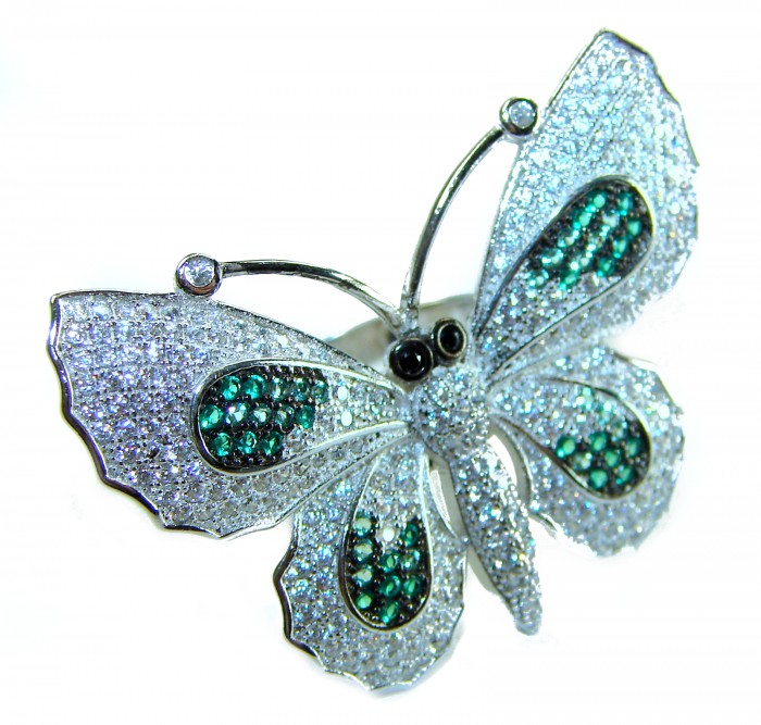 Precious Butterfly Genuine 10.5 carat Emerald .925 Sterling Silver handmade LARGE Statement Ring size 8