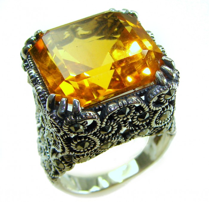 Pure Celestial energy Natural 28.4 carat Golden Topaz Marcasite .925 Sterling Silver handmade Large Statement Ring size 8 1/4
