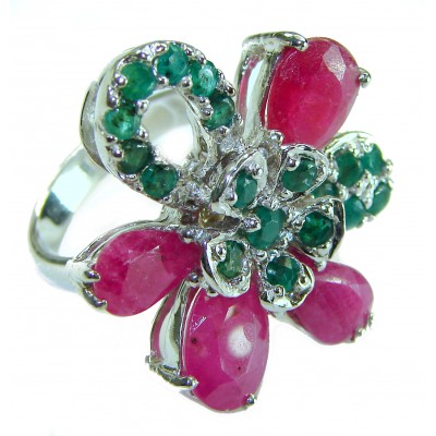 Fancy Flower - Natural 23.5 carat Ruby from Madagascar .925 Sterling Silver handmade Large Statement Ring size 7
