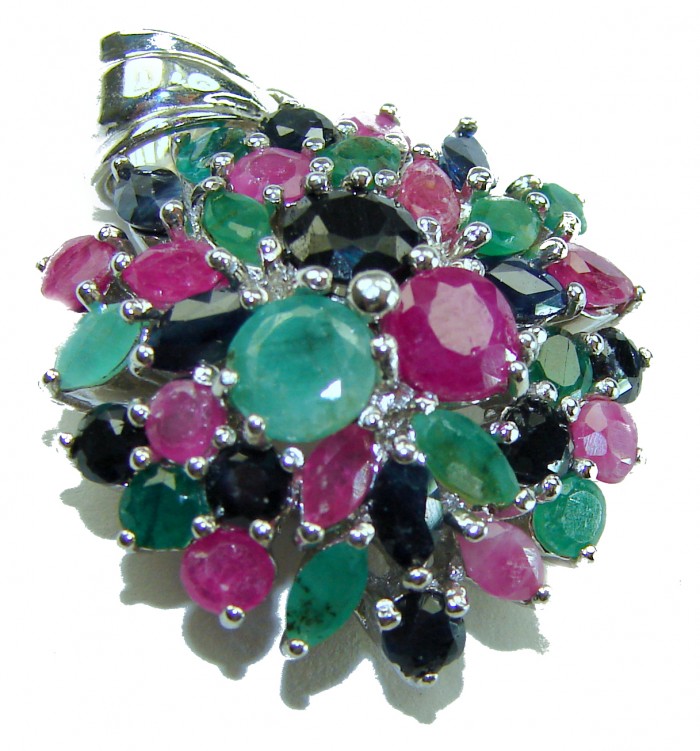 Circle of Life 15.2 carat authentic Sapphire Ruby Emerald .925 Sterling Silver handmade Pendant