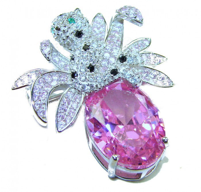 Pink Cheetah authentic 12.5 carat Swiss Blue Topaz .925 Sterling Silver Handcrafted pendant brooch