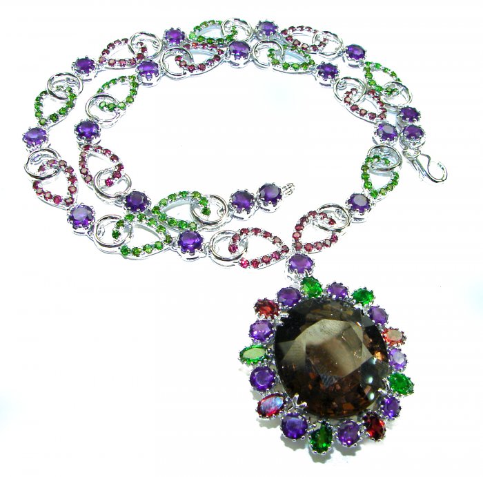 Outstanding 47.5 carat authentic Smoky Topaz .925 Sterling Silver handcrafted Statement necklace - video
