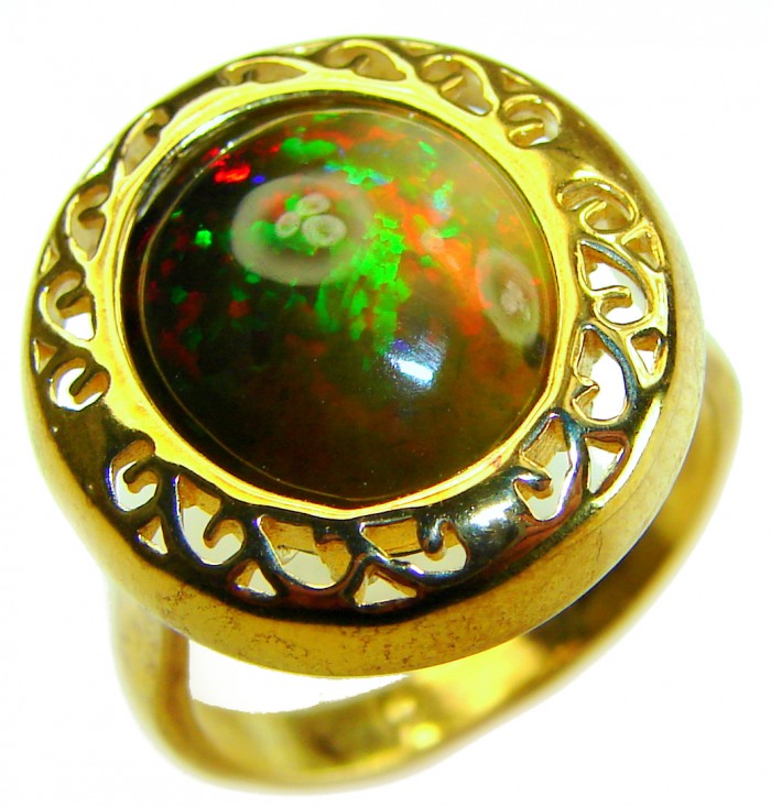 Milky way Genuine 14.2 carat Black Opal 18K Gold over .925 Sterling Silver handmade Ring size 7 3/4