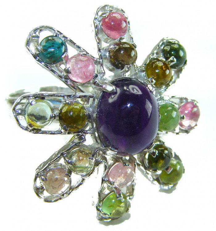 Serenity authentic 15.5 carat Tourmaline Amethyst .925 Sterling Silver handcrafted Ring s. 8
