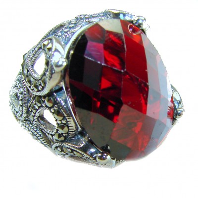 Bella Rosa Natural 33.4 carat Ruby Marcasite .925 Sterling Silver handmade Large Statement Ring size 7
