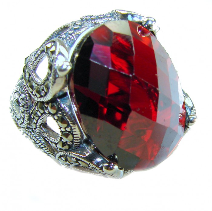 Bella Rosa Natural 33.4 carat Ruby Marcasite .925 Sterling Silver handmade Large Statement Ring size 7