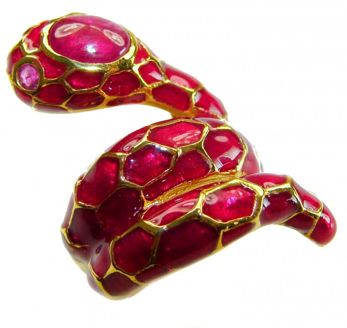 Red Snake Ruby Enamel 18K Gold over 3.5 carat Ruby .925 Sterling Silver Huge handcrafted Ring s. 6 - video