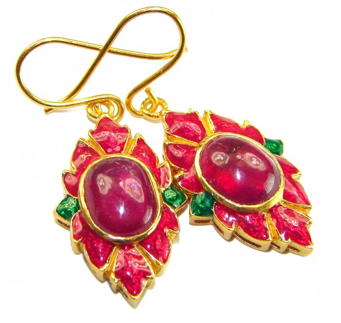 Countless Blessings Genuine 7.5 carat Authentic Ruby enamel 18K Gold over .925 Sterling Silver handcrafted earrings