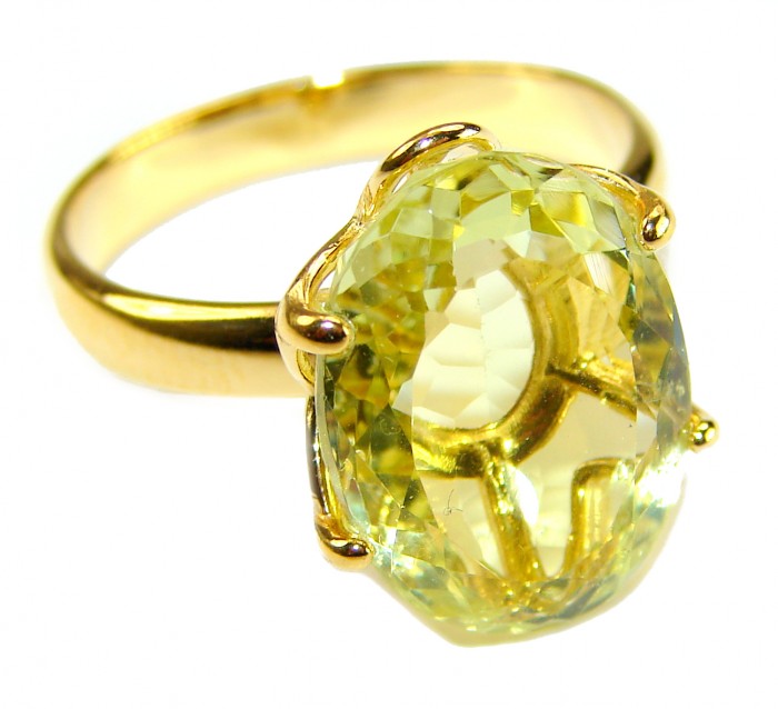 Solid 10.8 carat Genuine Lemon Quartz 18K Gold over .925 Sterling Silver handcrafted ring size 8 3/4