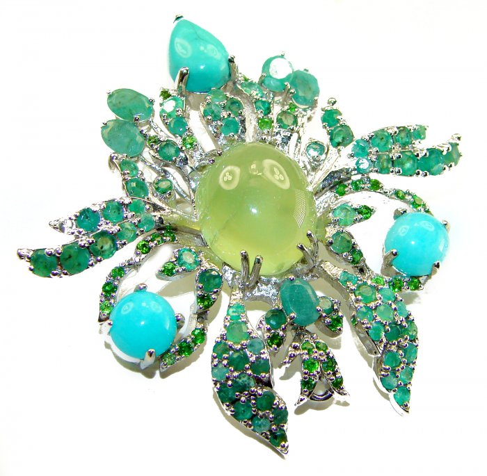 Gabriella 55.8 carat Colombian Emerald Prehnite Rhodium over .925 Sterling Silver handmade Pendant Brooch - video