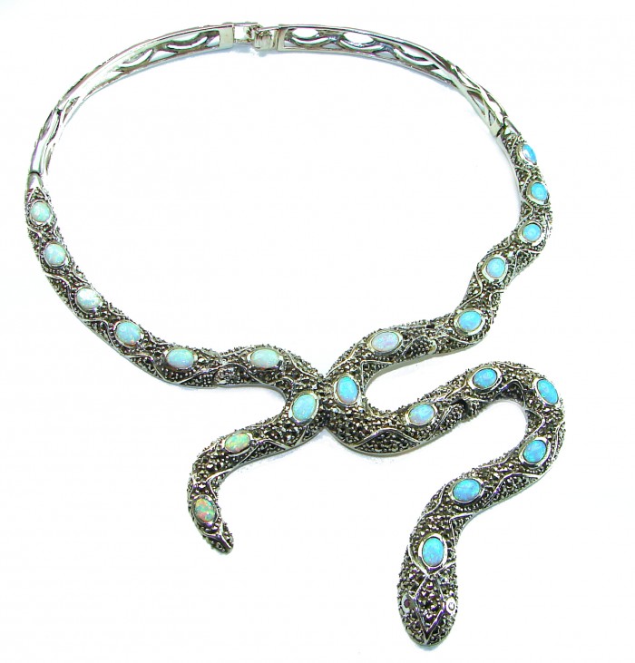 Large Snake genuine 57.8 carat Australian Blue Opal Marcasite .925 Sterling Silver handcrafted necklace